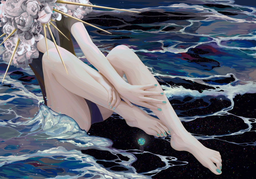 1other aqua_nails bare_arms bare_legs barefoot beach closed_mouth commentary_request covered_eyes feet feet_up flower gem_uniform_(houseki_no_kuni) hands_on_own_legs highres houseki_no_kuni nail_polish night other_focus outstretched_arms phosphophyllite phosphophyllite_(gemstone) plantar_flexion quanxiahanyan short_sleeves sitting solo spikes toenail_polish toenails waves white_flower