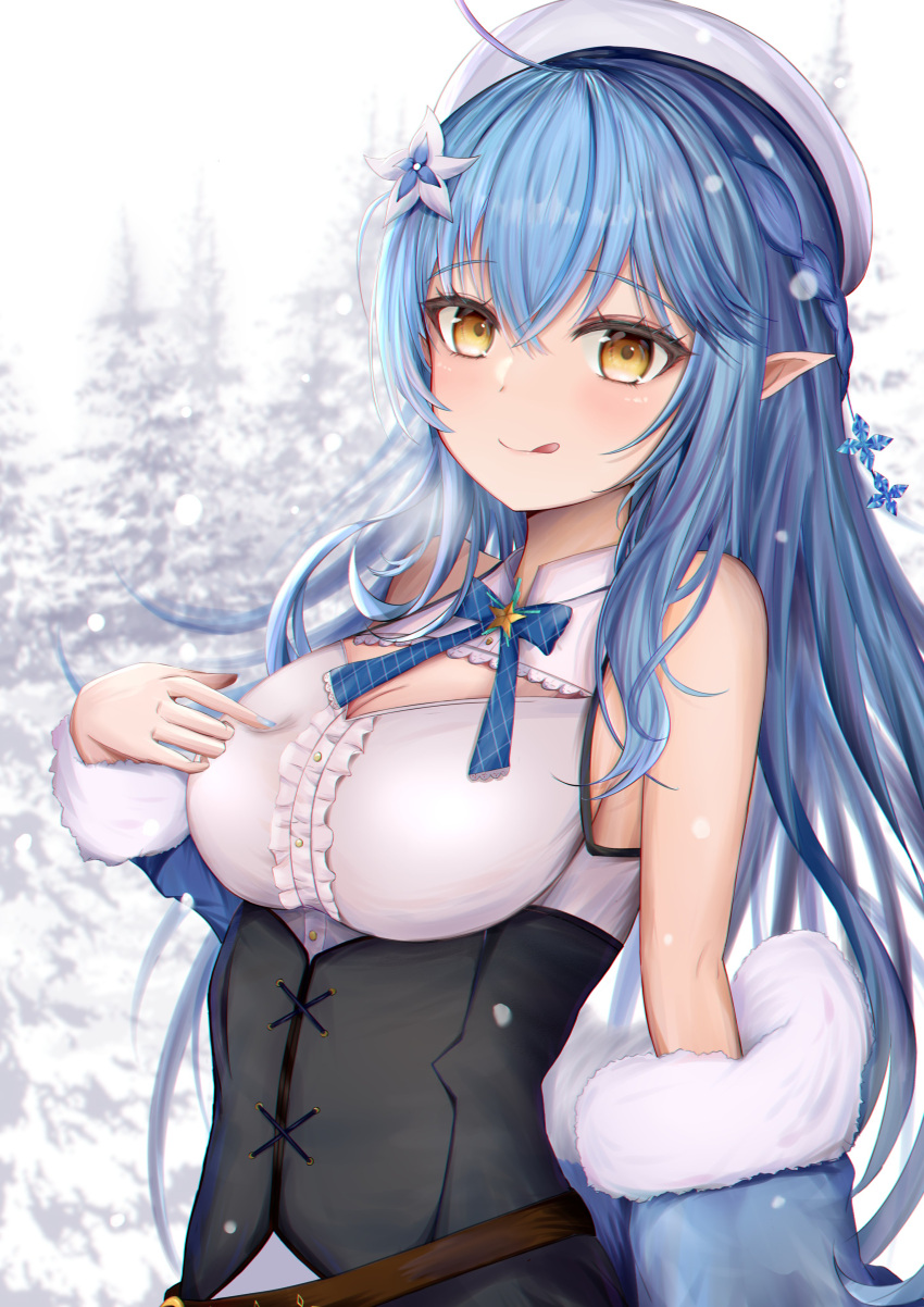 1girl :d absurdres ahoge belt blue_hair blush camisole coat corset hand_on_own_chest hat highres hololive long_hair looking_at_viewer mito_soosu ribbon smile snow tongue tongue_out tree yellow_eyes yukihana_lamy