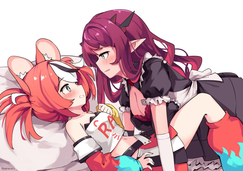 2girls absurdres all_fours animal_ear_fluff animal_ears apron artist_name asymmetrical_sleeves bare_shoulders black_hair black_skirt blue_eyes blush breasts cleavage_cutout clothing_cutout hakos_baelz highres hololive hololive_english horns irys_(hololive) large_breasts long_sleeves lying maid maid_apron midriff mismatched_sleeves mouse_ears multicolored_clothes multicolored_skirt multiple_girls namii_(namialus_m) navel pointy_ears purple_hair redhead skirt tongue tongue_out virtual_youtuber white_hair white_skirt yuri