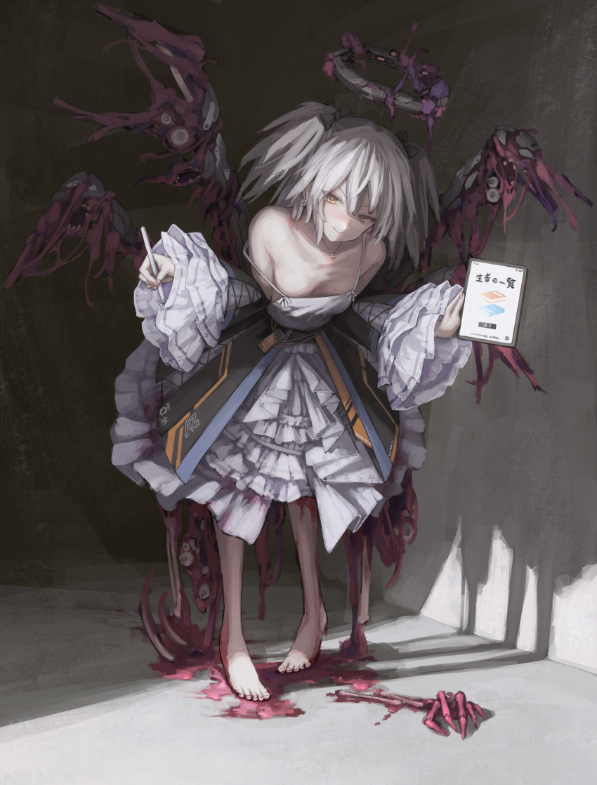 +_+ 1girl barcode bare_shoulders barefoot black_bow blush bone bow closed_mouth clothes_writing cross cross_necklace dark_halo earrings eldritch_abomination extra_eyes eyes_visible_through_hair fingernails frills grey_hair hair_between_eyes halo highres holding holding_stylus holding_tablet_pc jewelry long_hair looking_at_viewer mechanical_halo multiple_wings nail_polish necklace open_mouth original osabachan pink_nails sleeves_past_wrists smile solo stylus symbol-shaped_pupils tablet_pc teeth toenails twintails wings