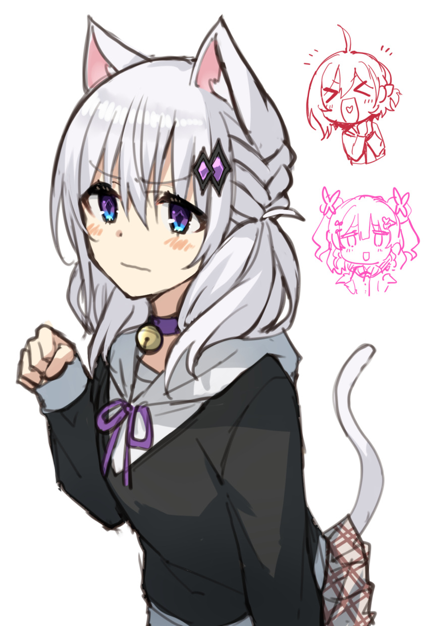 &gt;_&lt; 3girls :d ahoge aida_elulu animal_ear_fluff animal_ears bell black_shirt blue_eyes blush cat_ears cat_girl cat_tail chibi chibi_inset choker closed_eyes closed_mouth double_bun grey_hair grey_skirt hair_between_eyes hair_bun hair_ornament hand_up heart heart_in_mouth highres hood hood_down hoodie houkago_sai_tensei! jingle_bell kurami_utaho long_hair long_sleeves melua_solaris multiple_girls neck_bell neck_ribbon plaid plaid_skirt purple_choker purple_ribbon ribbon shirt simple_background skirt smile somechime_(sometime1209) tail two_side_up white_background white_hoodie xd