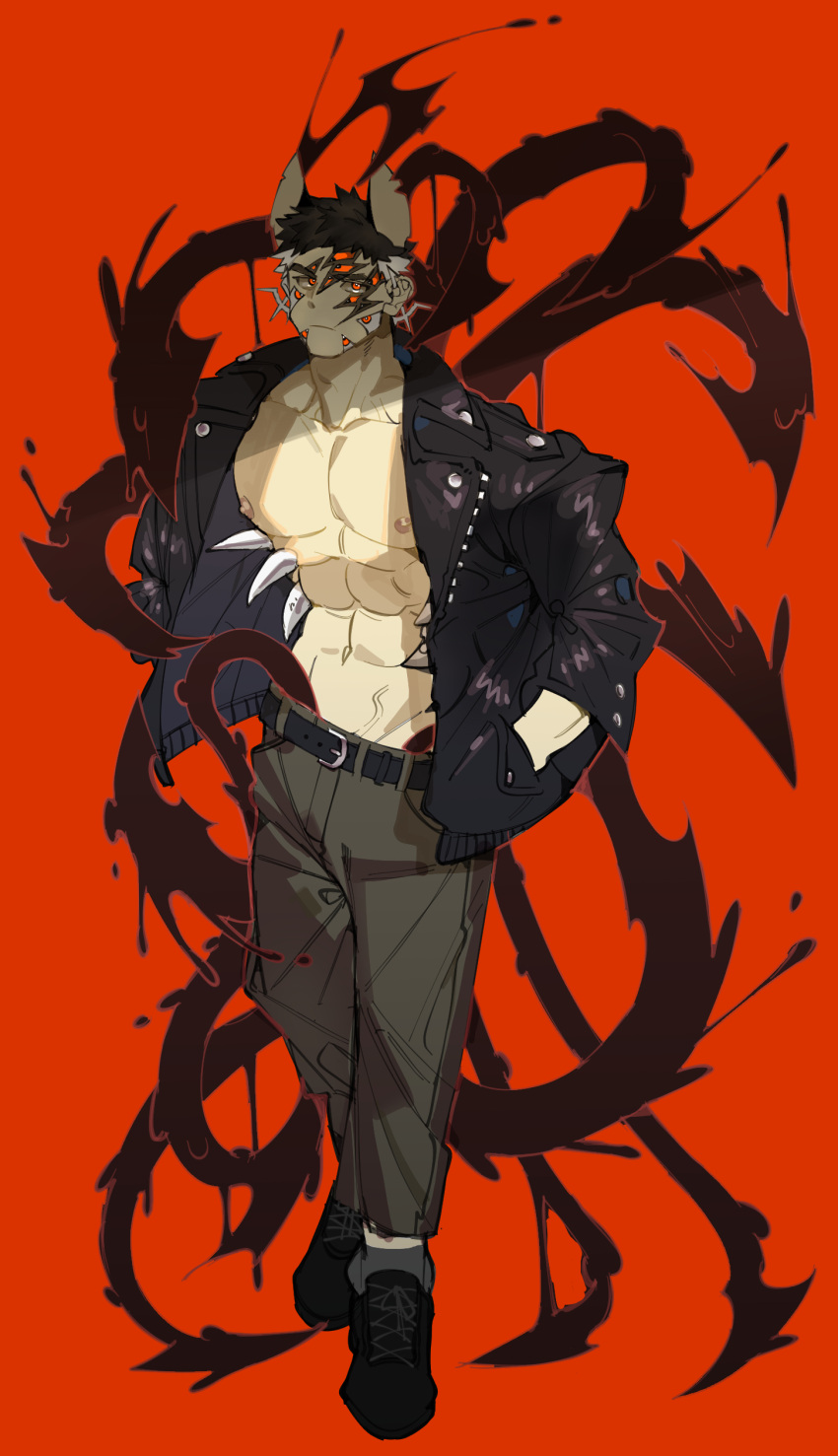 1boy abs absurdres animal_ears bare_pectorals belt black_hair demon demon_boy extra_eyes hand_in_pocket hellme_grg highres jacket male_focus muscular muscular_male navel nipples open_clothes open_jacket original pants pectorals red_background red_eyes shadow shoes socks solo tentacles veins