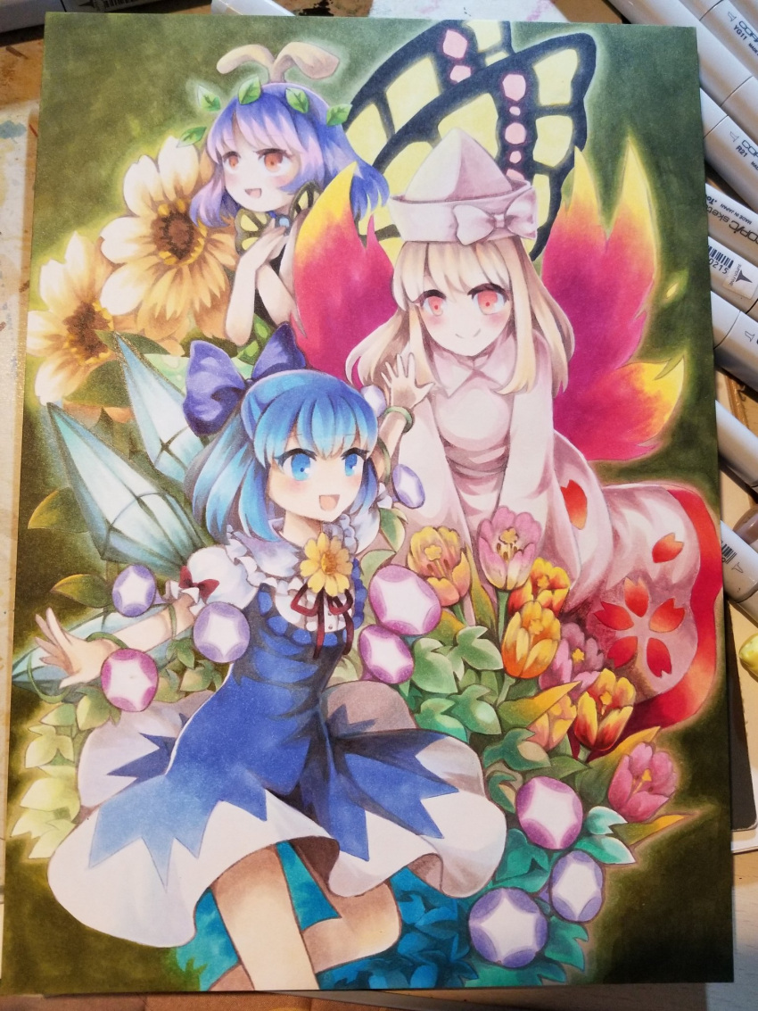 3girls antennae aqua_hair blonde_hair blue_bow blue_dress blue_eyes blue_hair blush bow butterfly_wings cirno closed_mouth collared_shirt dress eternity_larva eyebrows_visible_through_hair fairy fairy_wings flower green_dress hair_between_eyes hair_bow hat highres ice ice_wings leaf leaf_on_head lily_white long_hair long_sleeves morning_glory multicolored_clothes multicolored_dress multiple_girls open_mouth orange_eyes photo_(medium) pink_flower proton puffy_short_sleeves puffy_sleeves purple_flower shirt short_hair short_sleeves smile sunflower third-party_source touhou traditional_media white_dress white_headwear white_shirt wings yellow_flower