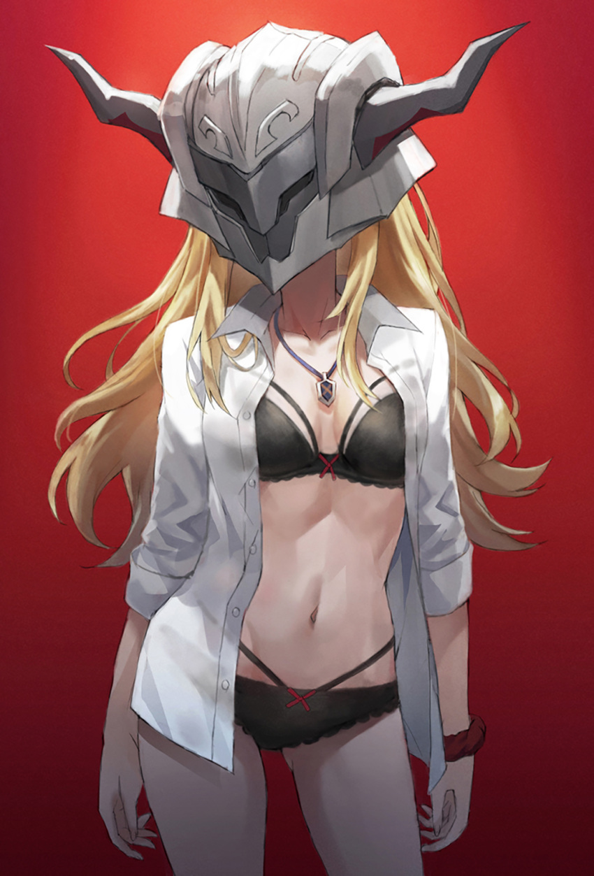 1girl black_bra black_panties blonde_hair bra breasts collared_shirt dress_shirt fate/apocrypha fate_(series) helmet highres jewelry long_hair long_sleeves mordred_(fate) mordred_(fate/apocrypha) navel necklace open_clothes open_shirt panties pendant red_background shirt small_breasts tonee underwear white_shirt