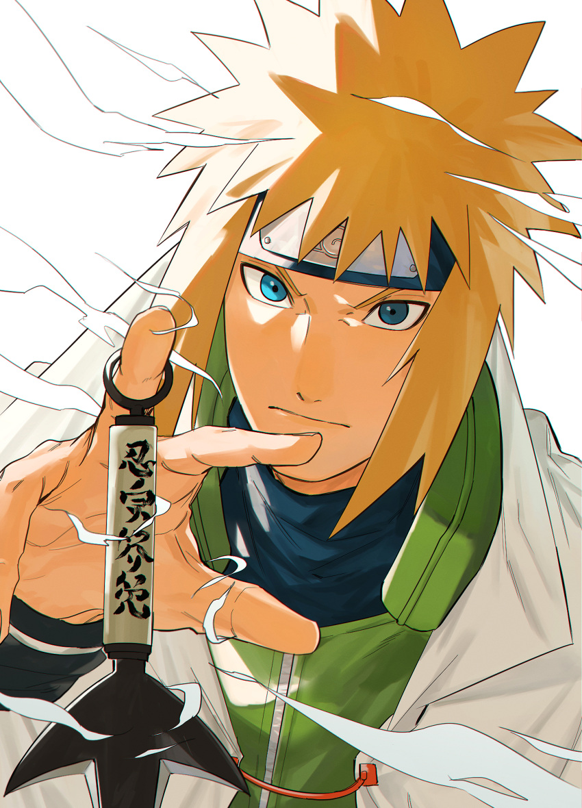 1boy blonde_hair blue_eyes closed_mouth commentary_request face forehead_protector highres holding holding_weapon looking_at_viewer mirin_(coene65) namikaze_minato naruto naruto_(series) ninja short_hair spiky_hair straight-on weapon