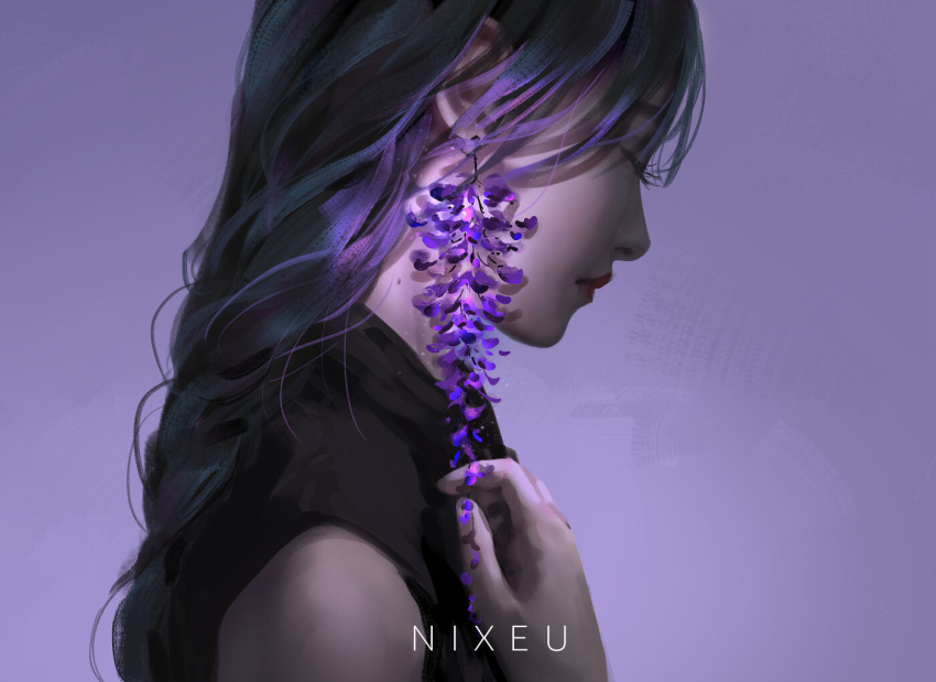1girl artist_name bare_shoulders braid braided_ponytail closed_eyes commentary dress english_commentary expressionless flower from_side mixed-language_commentary mole mole_on_neck nixeu original piercing profile purple_hair simple_background sleeveless sleeveless_dress solo wisteria