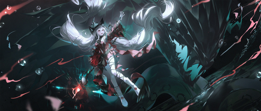 1girl absurdly_long_hair arknights bangs bare_legs bare_shoulders boots detached_sleeves dress full_body gloves highres holding holding_staff lanta long_hair long_sleeves low-tied_long_hair official_alternate_costume open_mouth outstretched_arm red_dress short_dress silver_hair skadi's_seaborn_(arknights) skadi_(arknights) skadi_the_corrupting_heart_(arknights) solo staff very_long_hair white_footwear wide_sleeves