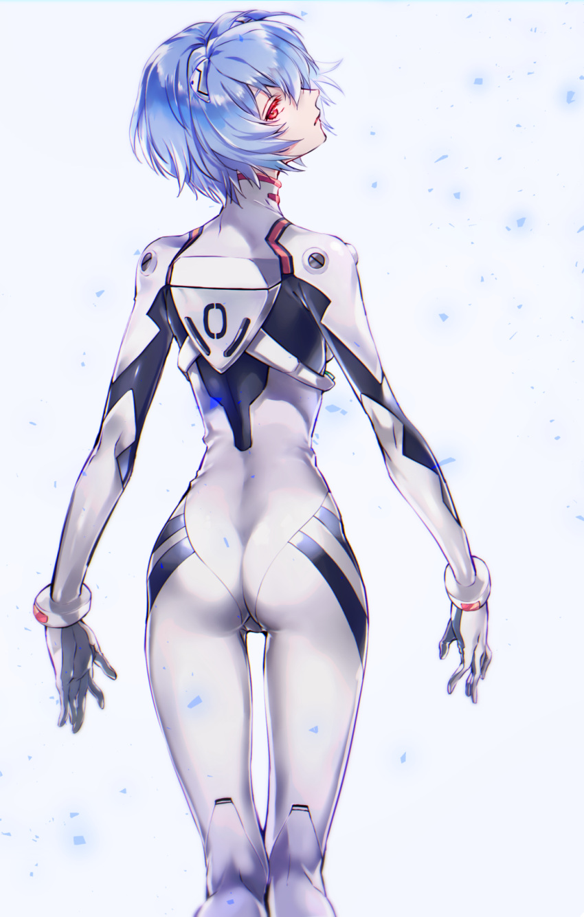 1girl ass ayanami_rei bangs blue_hair bodysuit closed_mouth commentary_request from_behind gloves hair_ornament highres interface_headset long_sleeves looking_at_viewer looking_back neon_genesis_evangelion plugsuit red_eyes shiny shiny_clothes shiny_hair short_hair simple_background skin_tight solo tarutaru_yamaoka turtleneck white_bodysuit
