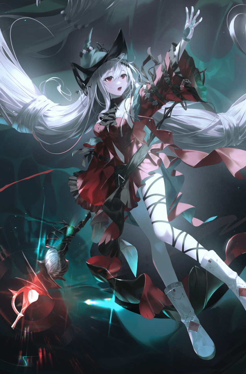 1girl absurdly_long_hair absurdres arknights bangs bare_legs bare_shoulders boots detached_sleeves dress gloves highres holding holding_staff lanta long_hair long_sleeves low-tied_long_hair official_alternate_costume open_mouth outstretched_arm red_dress short_dress silver_hair skadi_(arknights) skadi_the_corrupting_heart_(arknights) solo staff very_long_hair white_footwear wide_sleeves