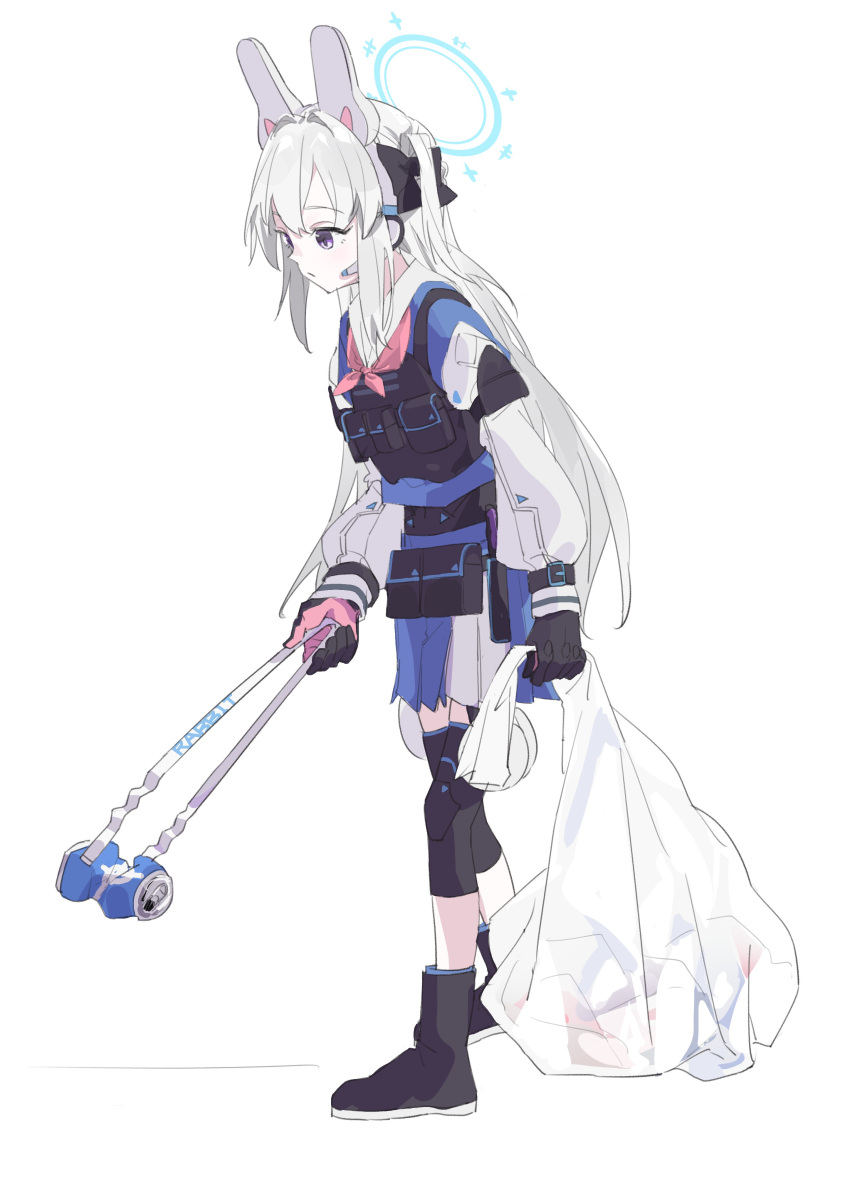 1girl absurdres blue_archive boots bulletproof_vest can commentary_request cottone_(highjethoo) full_body gloves halo headphones highres knee_pads long_hair miyako_(blue_archive) silver_hair simple_background solo tactical_clothes trash_bag very_long_hair vest white_background