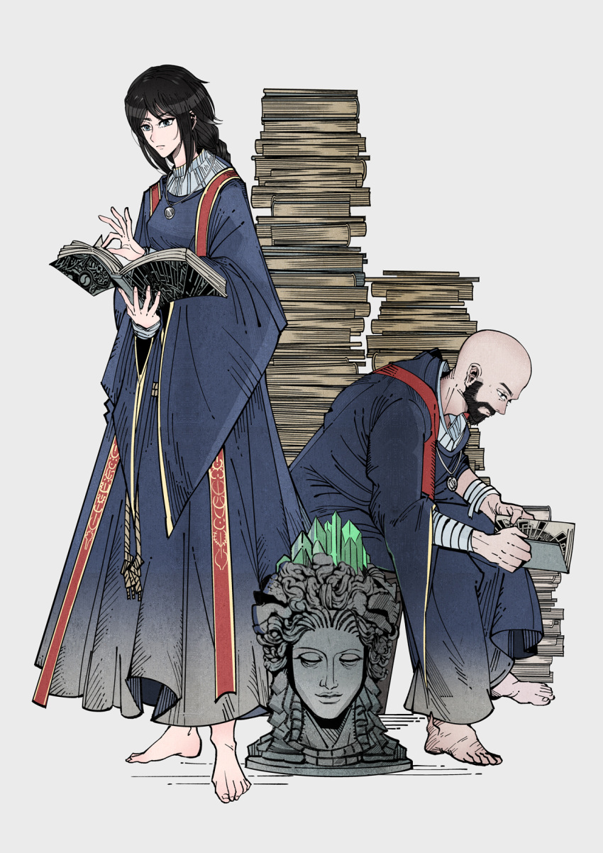 1boy 1girl bald barefoot beard black_eyes black_hair blue_dress book book_stack closed_mouth denny626 dress elden_ring facial_hair headwear_removed helmet helmet_removed highres holding holding_book jewelry kneeling long_sleeves necklace reading simple_background sitting sorcerer_thops sorceress_sellen standing white_background wide_sleeves