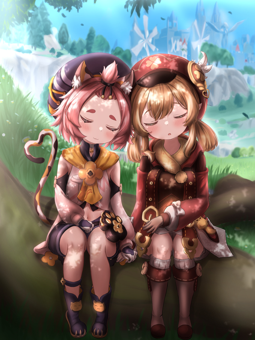 2girls :3 absurdres ahoge animal_ears animal_print backpack bag bag_removed bangs bangs_pinned_back belt black_footwear black_shorts blurry boots brown_footwear brown_gloves brown_scarf cabbie_hat cat_ears cat_girl cat_print cat_tail clover_print coat commentary_request depth_of_field detached_sleeves diona_(genshin_impact) eyebrows_visible_through_hair flower genshin_impact gloves grass hair_between_eyes hair_ribbon hat hat_flower hat_ornament highres holding_hands klee_(genshin_impact) knee_boots kneehighs kuma_piv light_brown_hair long_hair long_sleeves low_twintails midriff multiple_girls navel parted_lips paw_print pink_hair pointy_ears puffy_detached_sleeves puffy_shorts puffy_sleeves randoseru red_coat red_headwear revision ribbon scarf short_hair shorts sidelocks sitting skyline sleeping sleeping_on_person tail thick_eyebrows tree twintails vision_(genshin_impact) white_gloves windmill
