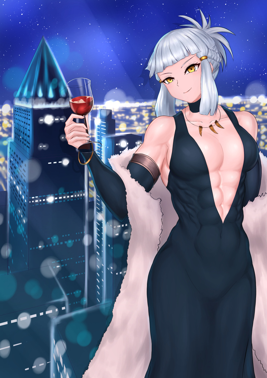 1girl abs absurdres bangs blunt_bangs bracelet braid breasts bridal_gauntlets city covered_navel cup drink drinking_glass fate/grand_order fate_(series) fur_coat highres jewelry kiteno_kiten medium_breasts muscular muscular_female necklace night night_sky penthesilea_(fate) penthesilea_(shining_skyscrapers)_(fate) ribs sidelocks silver_hair sky skyline solo star_(sky) starry_sky wine_glass yellow_eyes