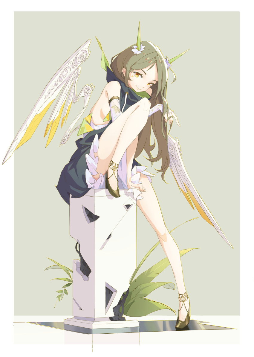 1girl 327564857 absurdres ankle_strap bangs bare_legs bare_shoulders border bridal_gauntlets closed_mouth commentary_request fantasy forehead frilled_skirt frills full_body green_hair high_heels highres knee_up legs long_hair looking_back mechanical_wings original parted_bangs pillar plant skirt smile solo white_border wings yellow_eyes