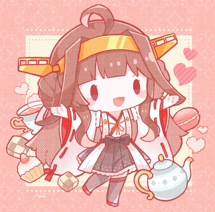 1girl ahoge bangs black_legwear brown_hair chibi commentary_request cookie cup cupcake double_bun food headgear heart highres japanese_clothes kantai_collection kongou_(kancolle) long_hair macaron nada_namie nontraditional_miko open_mouth outstretched_arms ribbon-trimmed_sleeves ribbon_trim signature skirt solo teacup teapot thigh-highs wide_sleeves