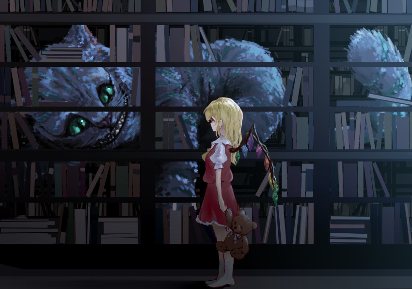 1girl absurdres alice_in_wonderland arms_at_sides ascot blonde_hair book bookshelf cat cheshire_cat_(alice_in_wonderland) collared_shirt commentary crystal flandre_scarlet from_side full_body green_eyes highres holding holding_stuffed_toy long_hair looking_at_another mmmarisa no_hat no_headwear puffy_short_sleeves puffy_sleeves red_skirt red_vest sharp_teeth shirt short_sleeves skirt socks solo stuffed_animal stuffed_toy teddy_bear teeth touhou vest white_legwear white_shirt wings yellow_ascot