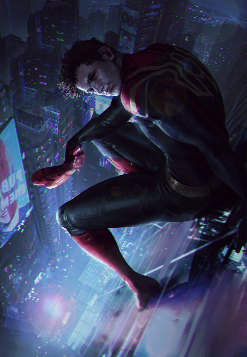 1boy black_bodysuit black_hair bodysuit city closed_mouth highres holding holding_mask looking_at_viewer male_focus marvel marvel_cinematic_universe mask mask_removed night outdoors peter_parker red_bodysuit short_hair solo spider-man spider-man:_no_way_home spider-man_(series) superhero two-tone_bodysuit untitle