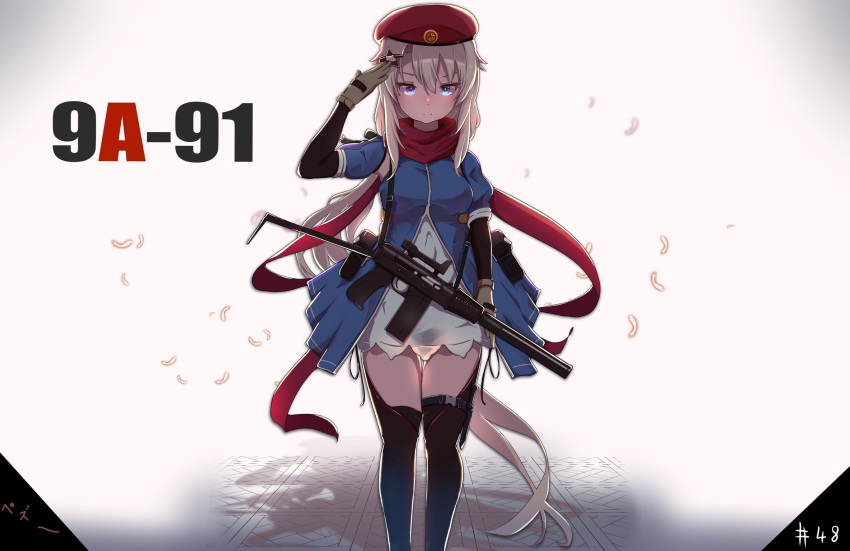 1girl 9a-91 9a-91_(girls'_frontline) ammunition_pouch assault_rifle beret black_legwear blue_dress blue_eyes breasts dress girls_frontline gloves gun hair_ornament hat highres long_hair low_twintails medium_breasts pez_(pezqaq1) pouch red_headwear red_scarf rifle salute scarf silver_hair solo standing star_(symbol) star_hair_ornament thigh-highs twintails weapon