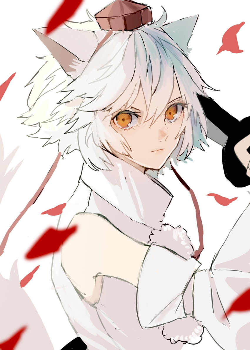 1girl animal_ears bangs bare_shoulders closed_mouth highres holding holding_sword holding_weapon inubashiri_momiji looking_at_viewer nanasuou one-hour_drawing_challenge petals red_eyes shirt short_hair simple_background sketch sleeveless sleeveless_shirt solo sword tail touhou weapon white_background white_hair white_shirt white_sleeves wolf_ears wolf_girl wolf_tail