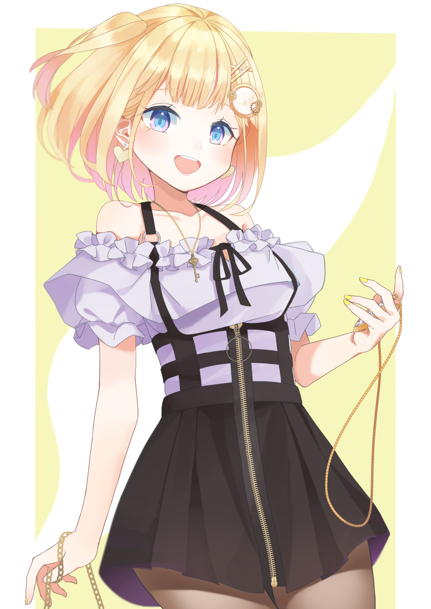 1girl absurdres bare_arms bare_shoulders black_skirt blonde_hair blue_eyes border brown_legwear collarbone commentary earrings eyebrows_visible_through_hair frilled_skirt frills hand_up heart heart_earrings highres hololive hololive_english isei_sei jewelry key light_blush looking_at_viewer monocle multicolored_eyes necklace o-ring off_shoulder open_mouth pink_eyes shiny shiny_hair short_hair simple_background skirt solo stopwatch teeth thigh_gap two-tone_background upper_teeth virtual_youtuber watch watson_amelia white_border yellow_nails zipper zipper_pull_tab