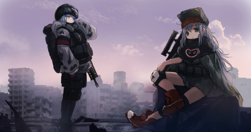 2girls absurdres assault_rifle bangs black_footwear black_legwear blunt_bangs blush blush_stickers cityscape commentary_request day g11_(girls'_frontline) girls_frontline gloves goggles goggles_on_headwear green_eyes green_jacket grey_eyes grey_hair gun h&amp;k_g11 h&amp;k_hk416 hair_between_eyes hair_ornament hat helmet highres hk416_(fang)_(girls'_frontline) hk416_(girls'_frontline) jacket kilabo long_hair looking_at_viewer mask multiple_girls outdoors pantyhose parted_lips red_gloves respirator rifle shoes silver_hair sitting sneakers standing teardrop uniform weapon winter_uniform