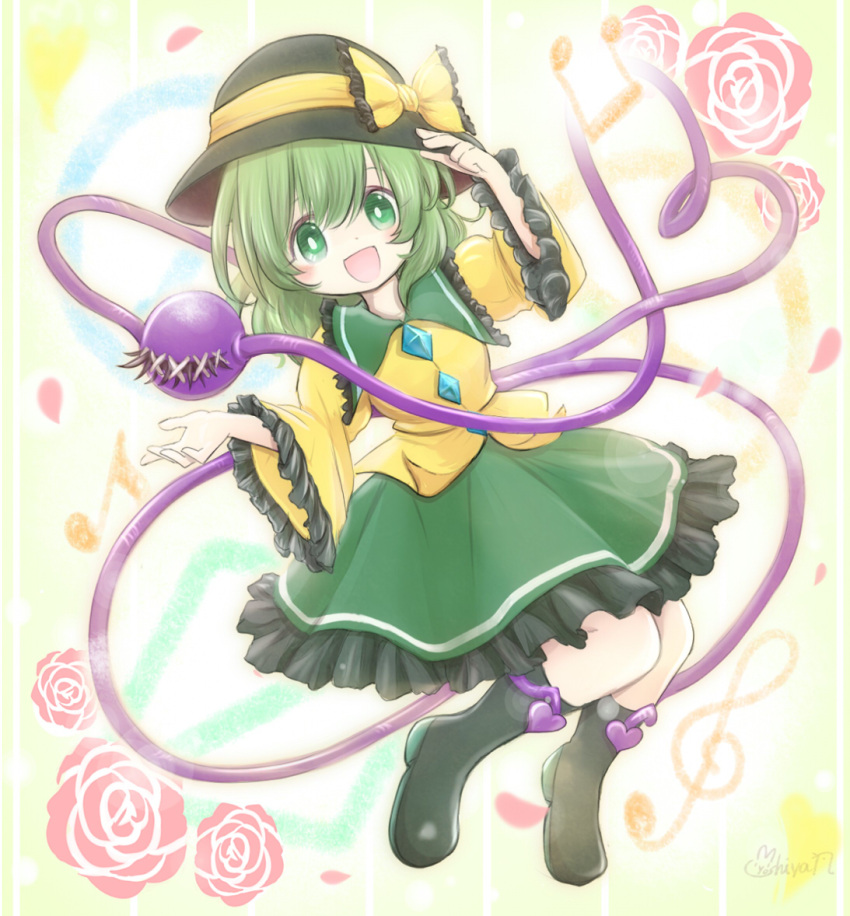 1girl :d ankle_boots bangs black_headwear blouse blush boots buttons collared_blouse commentary_request diamond_button eyeball flower frilled_shirt_collar frilled_skirt frilled_sleeves frills full_body green_eyes green_hair green_skirt hand_on_headwear hat hat_ribbon heart heart_of_string komeiji_koishi long_sleeves looking_at_viewer medium_hair medium_skirt musical_note open_mouth petals ribbon rose rose_petals sidelocks signature skirt smile solo third_eye touhou wavy_hair wide_sleeves yellow_blouse yellow_ribbon yoshiyanmisoko2
