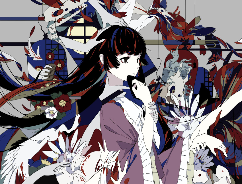 1girl :| abstract bangs black_eyes black_hair blunt_bangs chinese_commentary closed_mouth collared_shirt comb commentary_request expressionless eyebrows_behind_hair floating_hair flower frilled_shirt_collar frilled_sleeves frills full_moon hand_up highres horns houraisan_kaguya long_hair long_sleeves looking_afar maozi moon purple_shirt rabbit red_flower shirt skeleton touhou upper_body white_flower wide_sleeves window