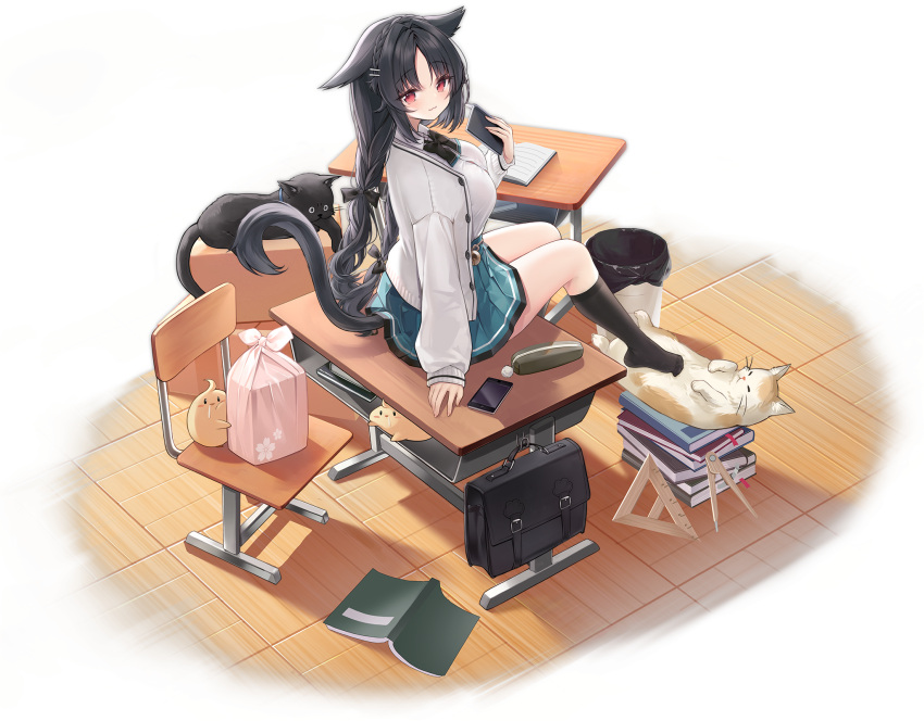 1girl :3 alic_miao alternate_costume animal_ears azur_lane bag basket black_hair book braid breasts cat cat_ears cat_girl cat_tail cellphone chair classroom desk green_skirt highres indoors large_breasts long_hair long_sleeves looking_at_viewer manjuu_(azur_lane) notebook official_alternate_costume official_art on_desk ooshio_(azur_lane) ooshio_(let's_'ave_lunch)_(azur_lane) pencil_case phone red_eyes school_bag school_chair school_desk school_uniform shirt sitting sitting_on_desk skirt smartphone smile square tail transparent_background triangle twin_braids white_shirt