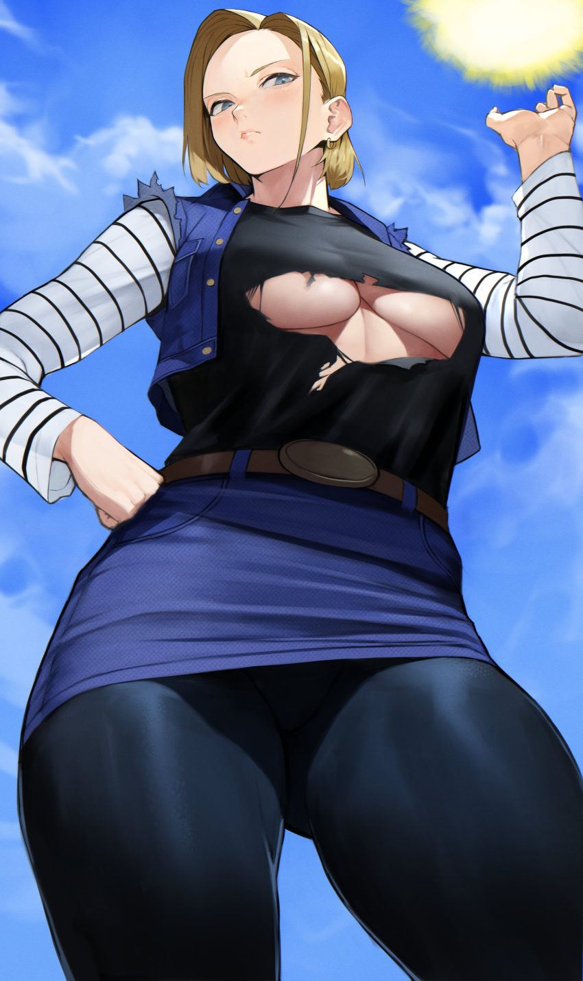 1girl absurdres android_18 bangs belt blonde_hair blue_jacket blue_skirt blue_sky blush breasts buttons closed_mouth clouds cloudy_sky commentary_request cropped_jacket day dragon_ball dragon_ball_z earrings energy_ball hand_on_hip hand_up highres jacket jewelry lips long_sleeves medium_breasts miniskirt open_clothes outdoors pantyhose parted_bangs shiny shiny_hair shirt short_hair simple_background single_earring skirt sky solo striped torn_clothes torn_shirt under_boob yoshio_(55level)