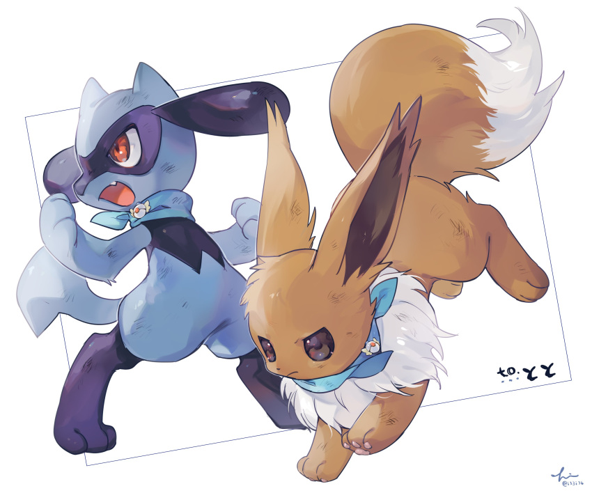 absurdres animal_hands blue_neckwear brown_eyes closed_mouth commentary_request eevee fang full_body hideko_(l33l3b) highres no_humans open_mouth pokemon pokemon_(creature) red_eyes riolu simple_background standing white_background