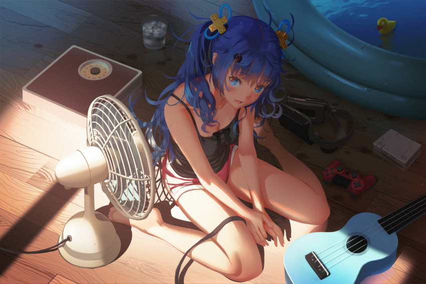 1girl acoustic_guitar bare_legs barefoot bathroom_scale black_camisole blue_eyes blue_hair blush camisole controller d-pad d-pad_hair_ornament electric_fan game_controller gamepad glass guitar hair_ornament highres ice ice_cube instrument looking_at_viewer open_mouth original pink_shorts red_pupils short_shorts shorts sitting solo twintails vofan wading_pool wariza weighing_scale
