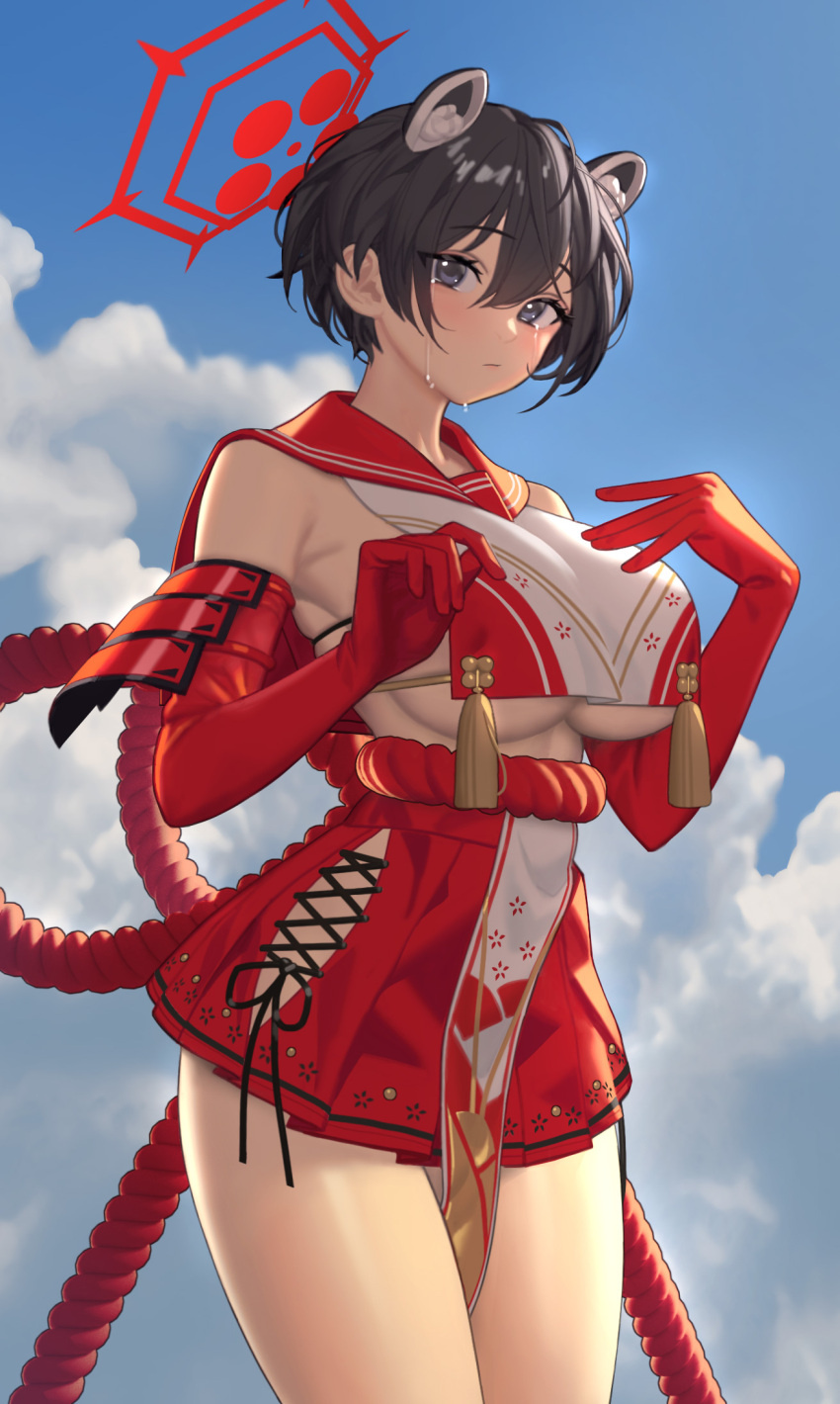 1girl animal_ears armor bangs bare_shoulders black_hair blue_archive blue_sky blush breast_curtain breasts closed_mouth clouds cloudy_sky day elbow_gloves gloves grey_eyes highres japanese_clothes kurt_bestor large_breasts looking_at_viewer outdoors pleated_skirt red_gloves revealing_clothes rope sailor_collar shiny shiny_hair shiny_skin short_hair simple_background skirt sky sleeveless solo teardrop tears thighs tsubaki_(blue_archive)
