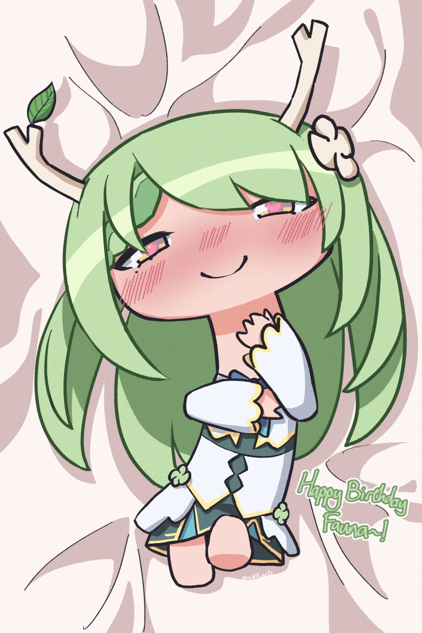 1girl bangs blush braid ceres_fauna full-face_blush green_hair hair_ornament heart heart-shaped_pupils highres hololive hololive_english horns leaf long_hair looking_at_viewer looking_up lying on_back on_bed renpc seductive_smile smile straight_hair symbol-shaped_pupils yellow_eyes