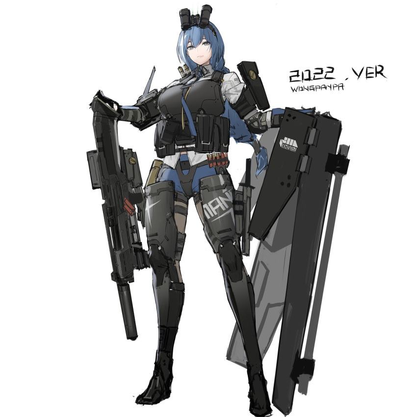 1girl alternate_costume armor binoculars blue_hair blue_shorts braid breastplate brown_legwear closed_mouth dp-12_(girls'_frontline) exoskeleton full_body girls_frontline grey_eyes gun hairband highres holding holding_gun holding_weapon long_hair looking_at_viewer pandea_work pantyhose shield shirt short_shorts shorts shotgun_shell signature simple_background solo tactical_clothes weapon white_background white_shirt