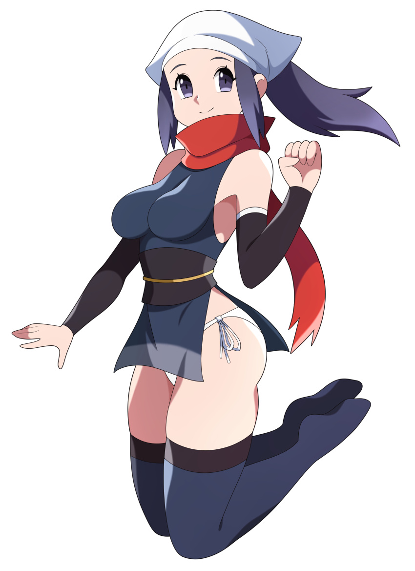 1girl absurdres abysswatchers akari_(pokemon) bangs bare_shoulders black_hair breasts clenched_hand closed_mouth commentary full_body grey_eyes head_scarf highres japanese_clothes long_hair looking_at_viewer medium_breasts obi panties pelvic_curtain pokemon pokemon_(game) pokemon_legends:_arceus red_scarf sash scar scarf side-tie_panties simple_background sleeveless smile thighs underwear white_background white_panties