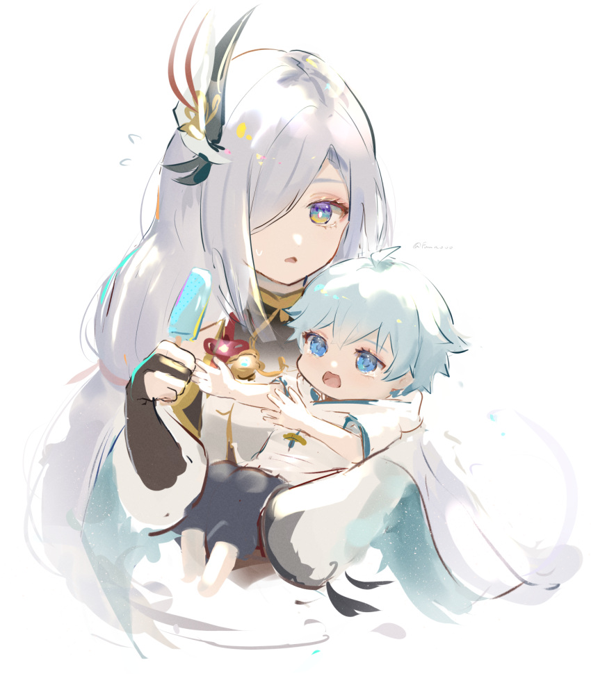 1boy 1girl ahoge aunt_and_nephew baby bangs blue_eyes blue_hair carrying carrying_person chongyun_(genshin_impact) commentary_request food fujito_(call_f_) genshin_impact hair_between_eyes hair_ornament hair_over_one_eye highres holding holding_food long_hair popsicle shenhe_(genshin_impact) short_hair silver_hair sweatdrop tassel tearing_up tears younger