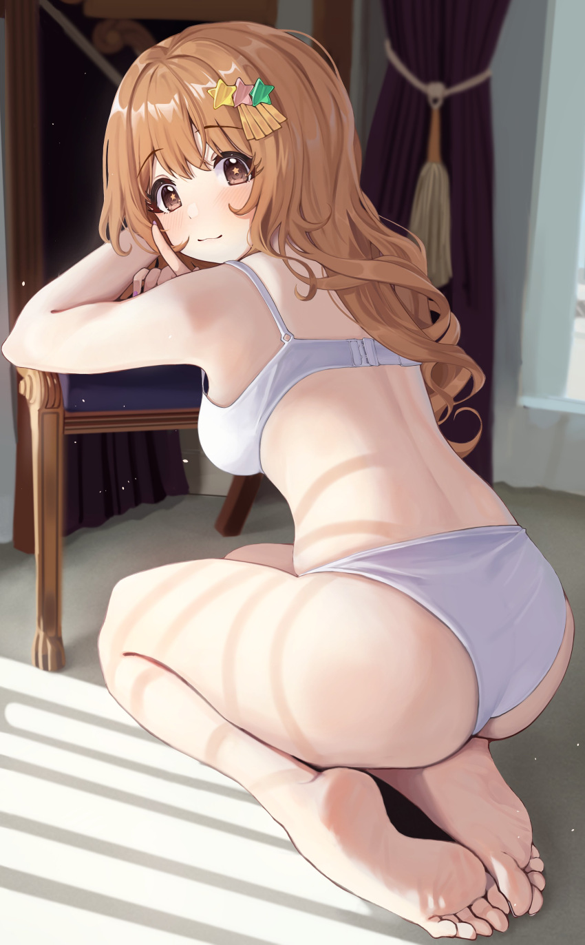1girl absurdres ass back bangs bare_arms bare_legs barefoot blush bra breasts brown_eyes brown_hair closed_mouth eyebrows_visible_through_hair feet from_behind full_body hair_ornament highres idolmaster idolmaster_cinderella_girls indoors light_particles long_hair looking_at_viewer looking_back medium_breasts moroboshi_kirari panties pomp_(qhtjd0120) sitting soles solo star-shaped_pupils star_(symbol) star_hair_ornament symbol-shaped_pupils toes underwear underwear_only white_bra white_panties