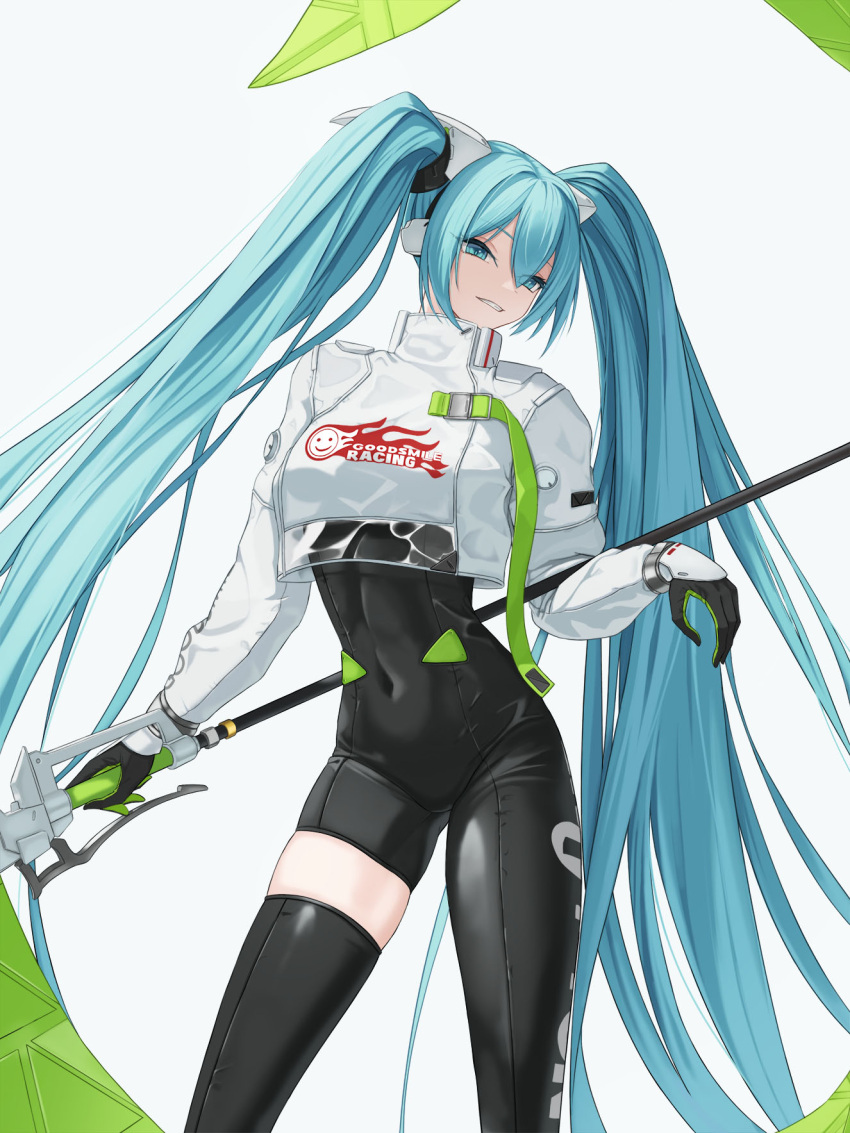 1girl aqua_eyes aqua_hair asymmetrical_bodysuit breasts covered_navel gloves goodsmile_racing hatsune_miku highres holding jacket long_hair medium_breasts muwon racing_miku racing_miku_(2022) simple_background single_thighhigh solo tagme thigh-highs tight twintails very_long_hair vocaloid white_background white_jacket