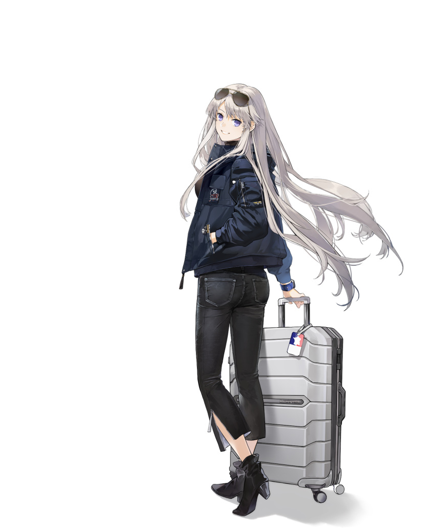 1girl azur_lane black_footwear boots denim enterprise_(azur_lane) eyewear_on_head from_behind grin hand_in_pocket hao_(patinnko) high_heel_boots high_heels highres holding holding_suitcase jacket jeans long_hair looking_at_viewer official_alternate_costume official_art pants silver_hair smile standing suitcase sunglasses transparent_background violet_eyes watch watch