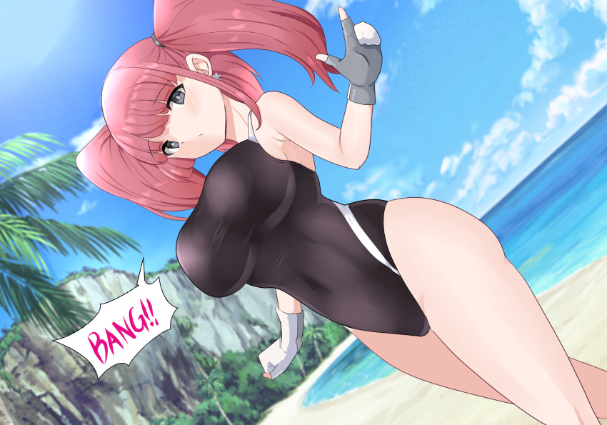 atlanta_(kancolle) beach black_swimsuit blue_sky breasts brown_hair clouds competition_swimsuit covered_navel cowboy_shot day earrings eyebrows_visible_through_hair gloves grey_eyes highres jewelry kantai_collection large_breasts long_hair ocean one-piece_swimsuit outdoors pachio palm_tree partially_fingerless_gloves sand sky speech_bubble star_(symbol) star_earrings swimsuit tree two_side_up water white_gloves