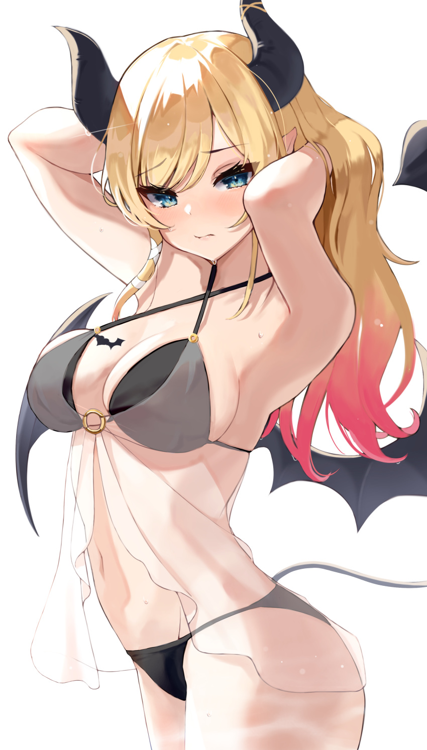 1girl absurdres alternate_costume armpits arms_up ass bangs bare_arms bikini black_bikini blonde_hair blue_eyes blush breast_tattoo breasts closed_mouth cowboy_shot demon_girl demon_horns demon_tail demon_wings eyebrows_visible_through_hair gradient_hair hands_in_hair highres hololive horns large_breasts long_hair looking_at_viewer multicolored_hair navel pointy_ears pomp_(qhtjd0120) see-through simple_background solo standing sweat swimsuit tail tail_raised tattoo virtual_youtuber white_background wings yuzuki_choco