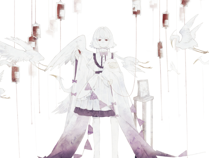 1girl bird bird_wings blood blood_bag bow bowtie chinese_commentary commentary covered_mouth dress feathered_wings feet_out_of_frame heron highres holding holding_syringe intravenous_drip kishin_sagume long_sleeves looking_at_viewer maozi mask mouth_mask picture_(object) pink_bow pink_bowtie red_eyes short_hair simple_background single_wing solo striped striped_bow striped_bowtie surgical_mask syringe touhou white_background white_dress white_hair white_wings wide_sleeves wings