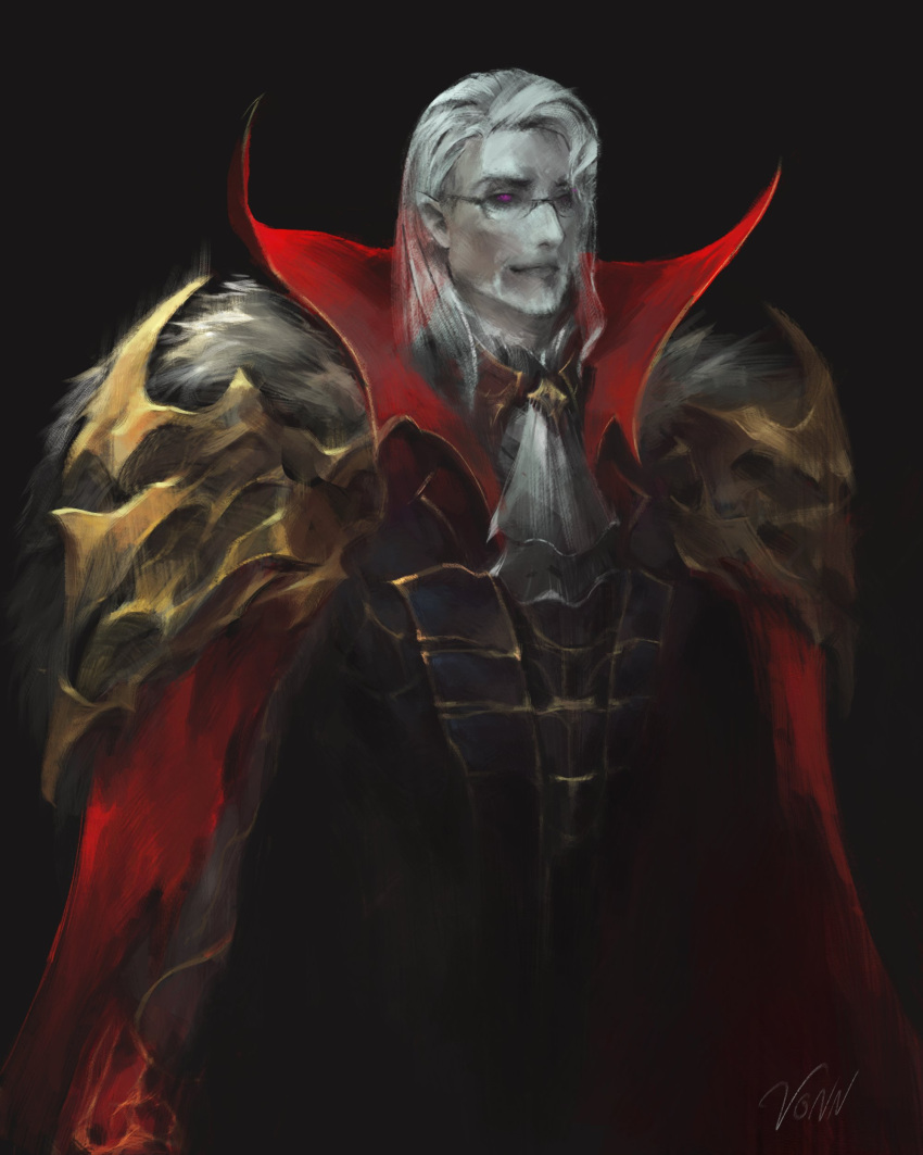 1boy absurdres arizdigitalart black_background cape coat collared_cape colored_skin facial_hair fangs final_fantasy final_fantasy_xiv glasses glowing glowing_eyes goatee grey_hair grey_skin hesperos highres long_hair male_focus red_eyes solo stubble vampire