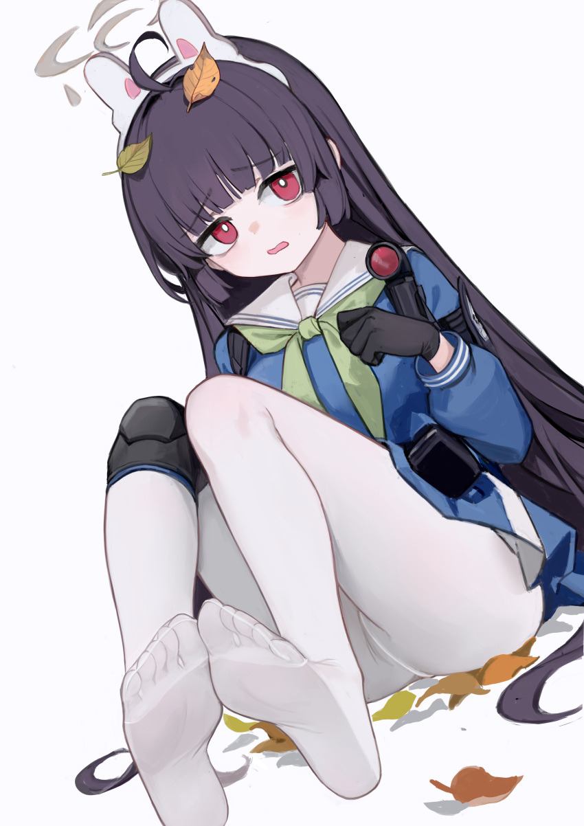 1girl absurdres ahoge animal_ears bangs black_gloves black_hair blue_archive blue_shirt blue_skirt breasts dutch_angle eyebrows_visible_through_hair fake_animal_ears feet full_body gloves green_neckerchief halo highres knee_pads knees_up leaf long_hair long_sleeves miyu_(blue_archive) nagata_gata neckerchief no_shoes parted_lips red_eyes sailor_collar shirt sideways_glance simple_background sitting skirt soles solo toes very_long_hair white_background white_legwear white_sailor_collar
