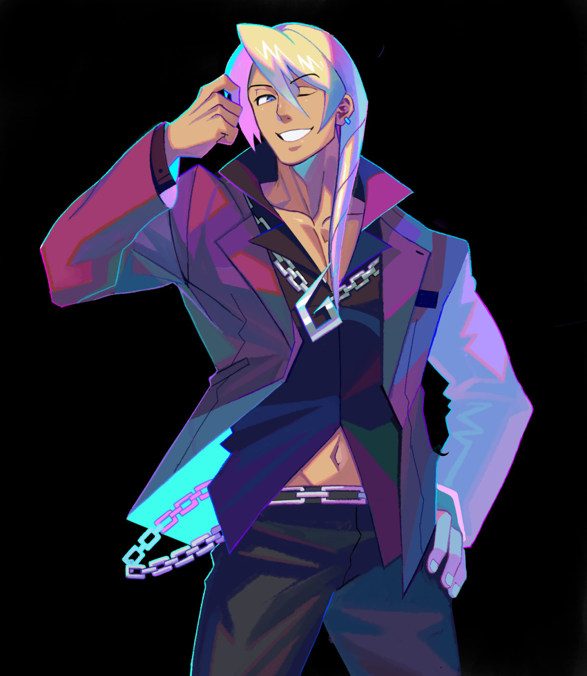 1boy ace_attorney bangs black_pants black_shirt blonde_hair blue_eyes chain chain_belt chain_necklace collared_jacket collared_shirt cowboy_shot dark-skinned_male dark_skin denaseey drill_hair earrings hand_on_hip highres jacket jewelry klavier_gavin male_focus navel necklace one_eye_closed pants pectoral_cleavage pectorals red_jacket shirt smile