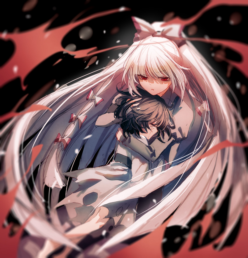 2girls bangs black_hair blunt_bangs bow closed_eyes commentary crying dress eyebrows_visible_through_hair fujiwara_no_mokou fujiwara_no_mokou_(young) hair_bow hand_on_another's_head highres hug long_hair long_sleeves looking_at_another multiple_girls pants parted_lips red_eyes red_pants shirt short_hair streaming_tears suspenders tears time_paradox touhou v-shaped_eyebrows very_long_hair white_bow white_dress white_hair white_shirt yasato