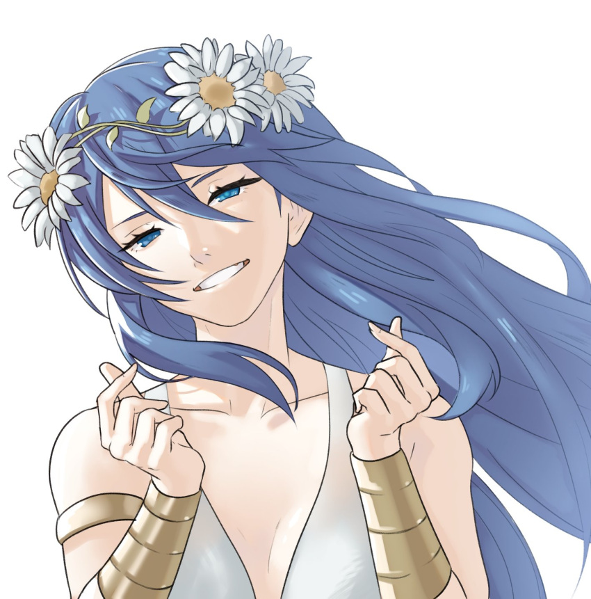1girl alternate_costume blue_eyes blue_hair breasts dress fire_emblem fire_emblem_awakening fire_emblem_heroes flower gesture grin hair_between_eyes hair_flower hair_ornament head_wreath heart highres long_hair looking_at_viewer lucina_(fire_emblem) medium_breasts official_alternate_costume pomelomelon smile solo symbol-shaped_pupils upper_body white_background