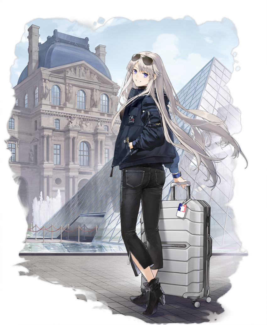 1girl azur_lane black_footwear boots denim enterprise_(azur_lane) eyewear_on_head from_behind grin hand_in_pocket hao_(patinnko) high_heel_boots high_heels highres holding holding_suitcase jacket jeans long_hair looking_at_viewer louvre_pyramid official_alternate_costume official_art outdoors pants silver_hair smile standing suitcase sunglasses transparent_background violet_eyes watch watch
