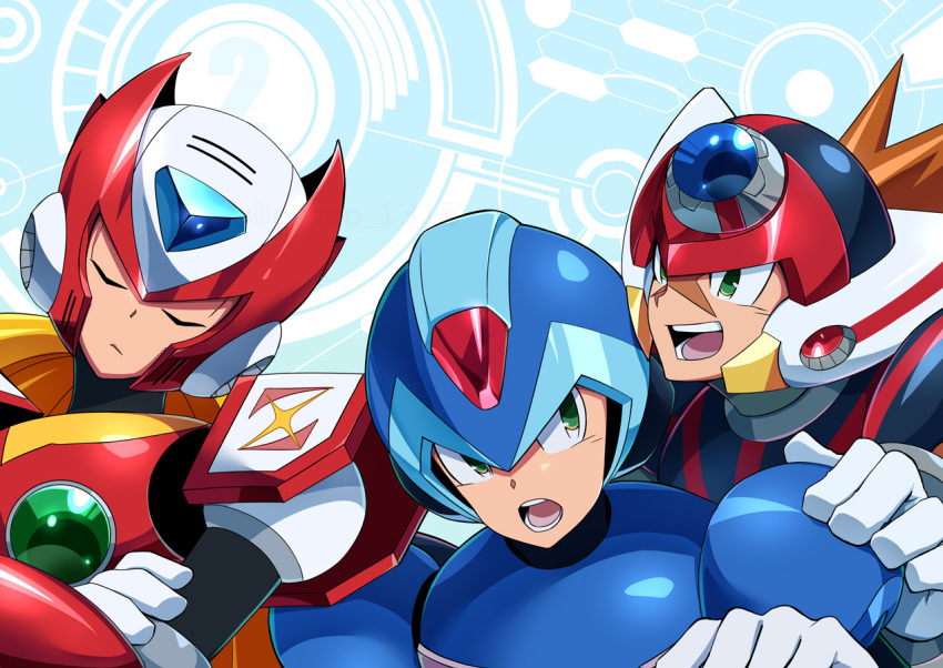 3boys :&lt; android axl_(mega_man) brown_hair closed_eyes clouds commentary_request crossed_arms friends green_eyes hand_on_another's_shoulder helmet looking_at_another lower_teeth mega_man_(series) mega_man_x:_command_mission mega_man_x_(character) mega_man_x_(series) multiple_boys open_mouth parco_1315 robot scar scar_on_face teeth upper_body upper_teeth zero_(mega_man)