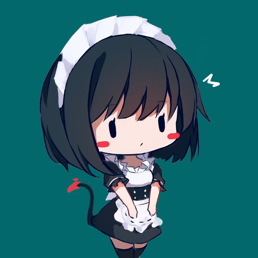 1girl ^^^ absurdres alternate_costume apron aqua_background bangs black-haired_demon_girl_(shimmer) black_dress black_hair black_legwear blush_stickers chibi demon_tail dress enmaided eyebrows_visible_through_hair frilled_apron frills hair_between_eyes highres maid original puffy_short_sleeves puffy_sleeves shimmer shirt short_sleeves simple_background solid_oval_eyes solo standing tail thigh-highs waist_apron white_apron white_shirt